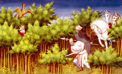 Genghis Khan Escapes His Enemies by Hiding in the Bushes, from Livre des Merveilles du Monde, c.1410-12